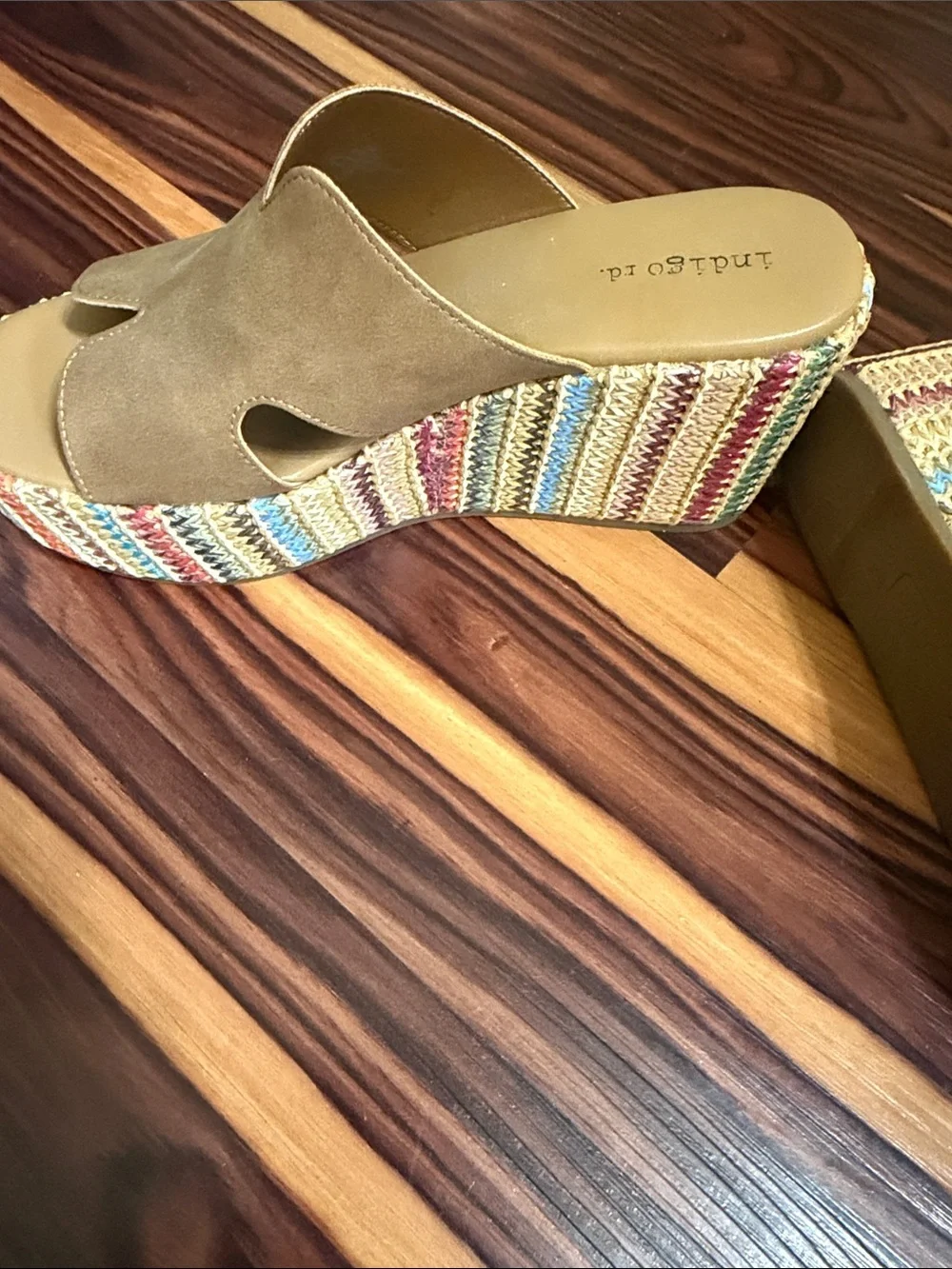 Indigo Tan Suede-Look Slide Mules with Floral Trim